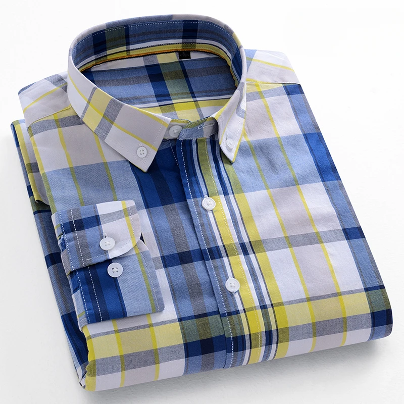 Chemises décontractées à manches longues pour hommes, tendances coréennes, coupe ajustée, chemise unie 100% coton, hauts à carreaux et rayures, vêtements de créateur doux