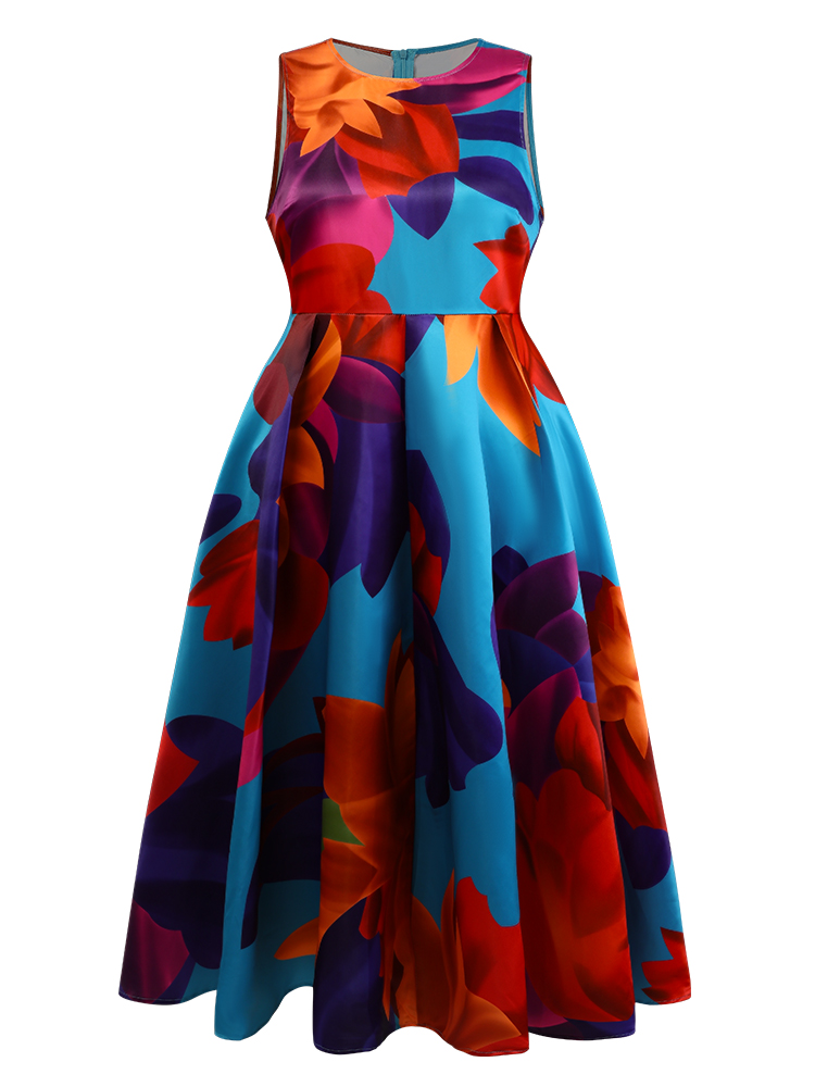 Robe débardeur imprimée florale pour femmes, col rond plissé, ligne a, Vintage, décontractée, élégante, ethnique, sans manches, robe longue d'été