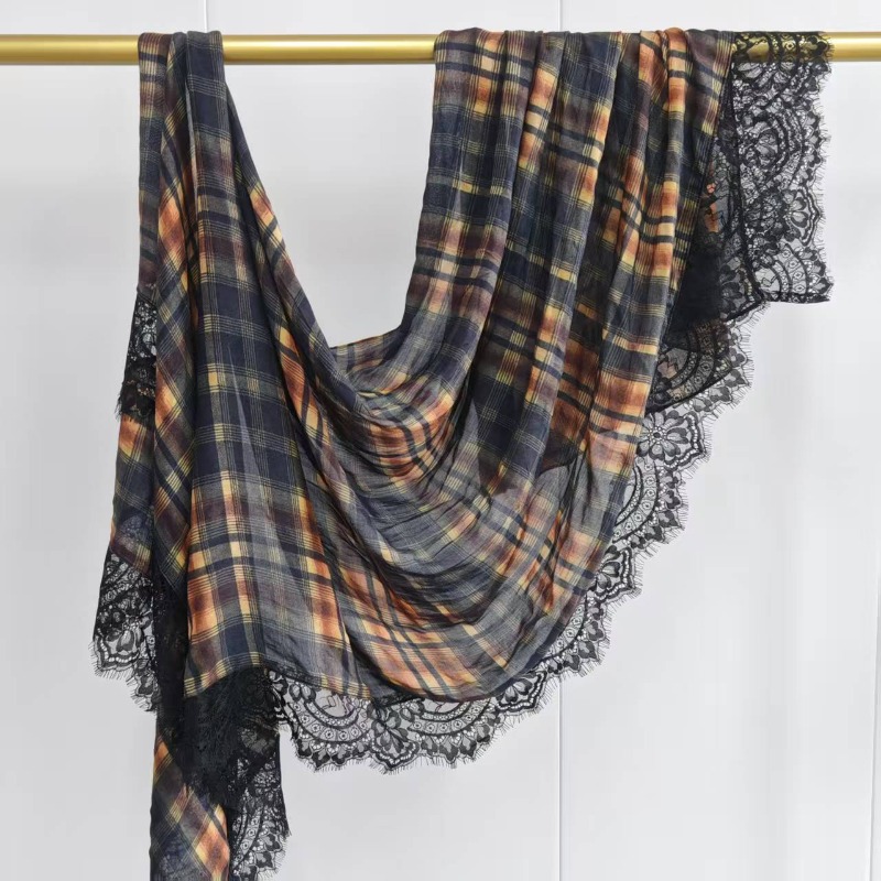 Hijab Premium en Modal Imprimé à Carreaux, Bord Large, Double Aiguille, Longue Écharpe Douce, Respirante et Fine pour Femme, Foulard de Tête en Dentelle