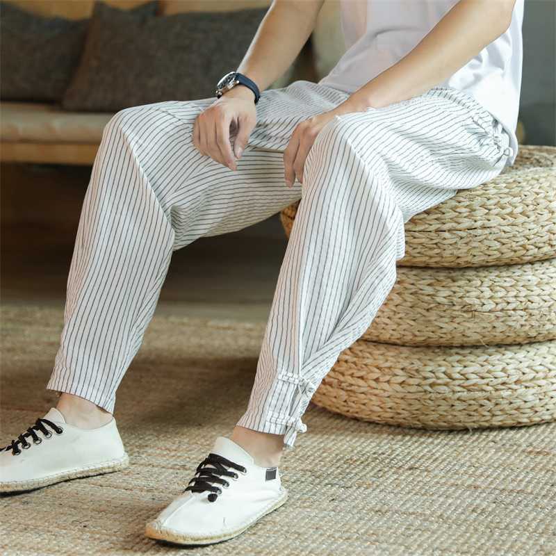 Pantalon Harem Homme Longueur Cheville avec Taille Élastique en Coton et Lin à Rayures – Nouvelle Collection 2026 Vêtements Homme