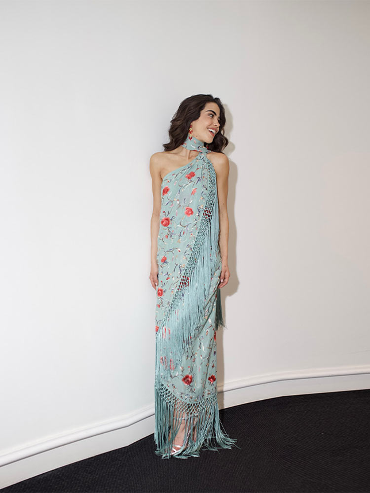 Robe asymétrique à franges imprimée, Style écharpe, col diagonale, tissée, pompon de plage, une pièce, Robes longues pour femmes, Robes rétro