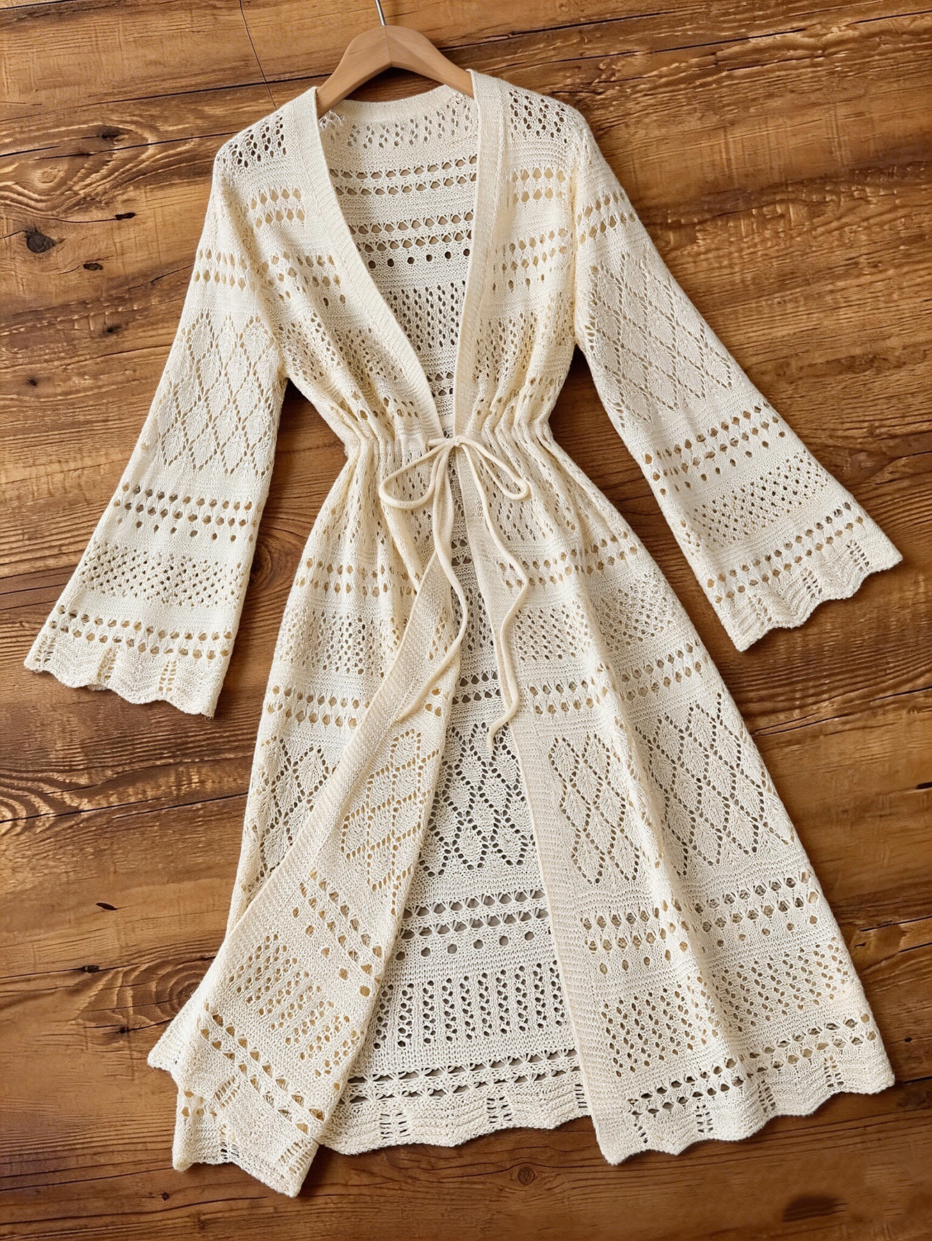 Robe longue de plage en crochet 2026, à manches longues, ouverte sur le devant, avec lien à nouer à la taille, ajourée, pour couvrir le maillot de bain
