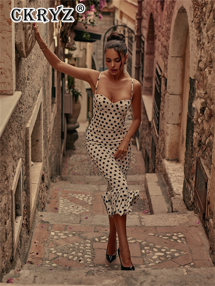 Robe de soirée élégante pour femmes, sans manches, dos nu, imprimé à pois, fente latérale, mi-longue, Club, Streetwear, été