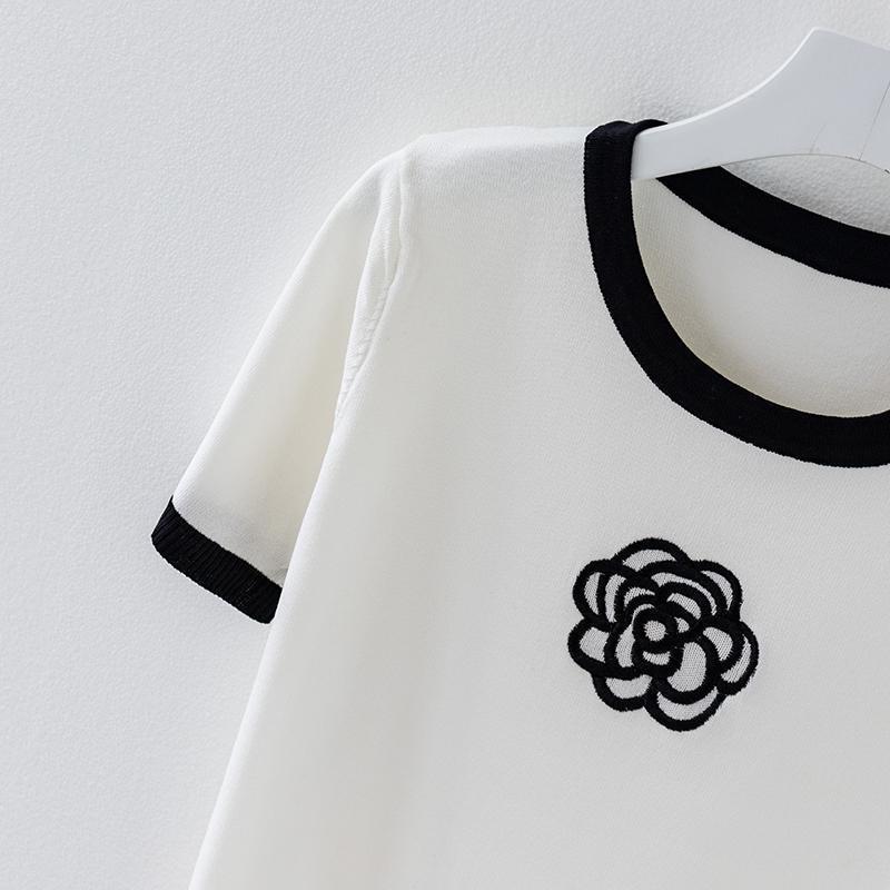 T-shirt tricoté pour femmes, broderie de fleurs d'été, vêtements de luxe de styliste, hauts Slim, T-shirt court à manches courtes pour femmes
