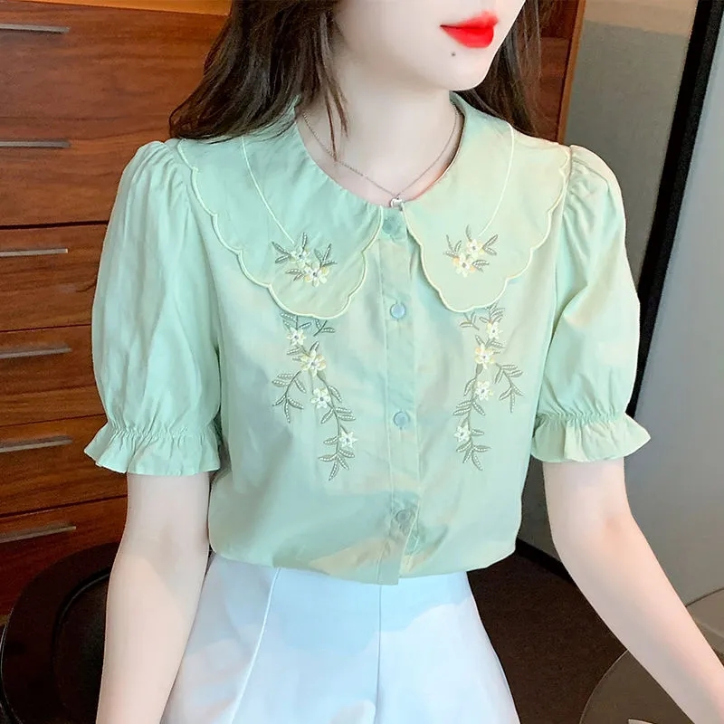 Chemisier Brodé à Manches Courtes pour Femme, Chemise Confortable, Solide, Document Polyvalent, Tempérament, Collection Printemps Été 2025