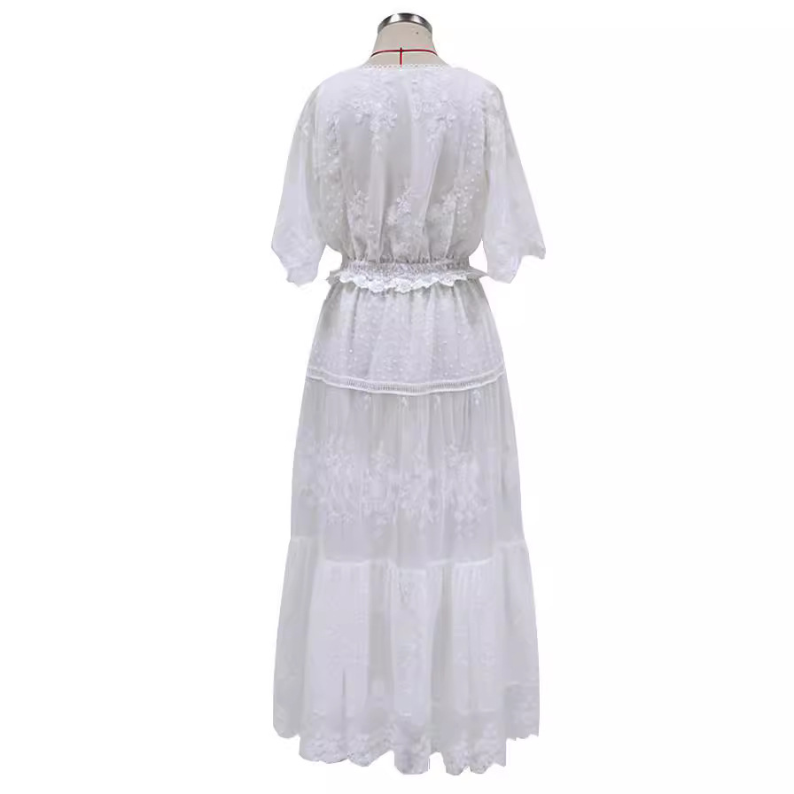 Robe femme blanc évider coton robe d'été dentelle sans manches longue épissage été fête élégante soirée femme jupe vêtements