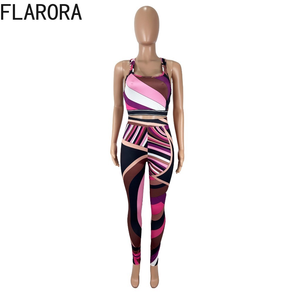 FLARORA – ensemble 2 pièces imprimé coloré pour femme, débardeur court à encolure carrée et pantalon slim, tenue de soirée de minuit, Clubwear