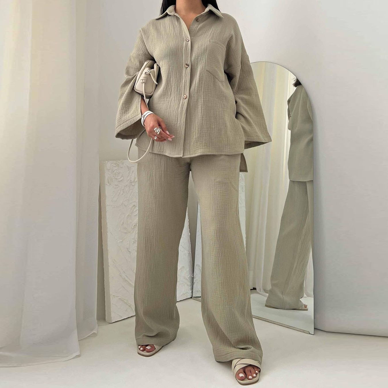 Ensemble deux pièces pour femmes musulmanes, chemise à poches épissures, pantalon large, tenue islamique du Ramadan, olympiques décontractés, arabe de Dubaï, Eid