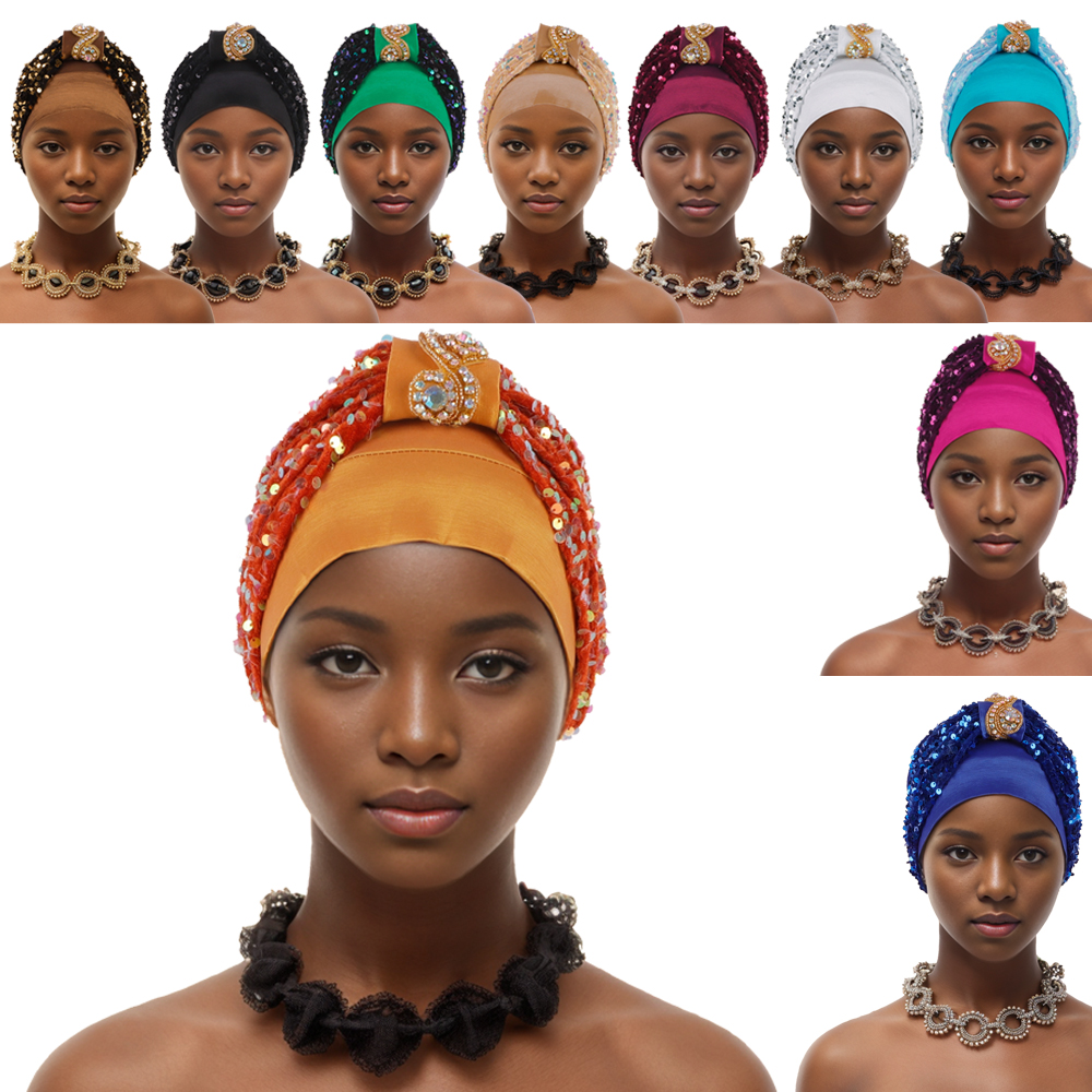 Turban à Paillettes pour Femme Musulmane, Chapeau Nigérian, Vêtements de Sauna, Cravate