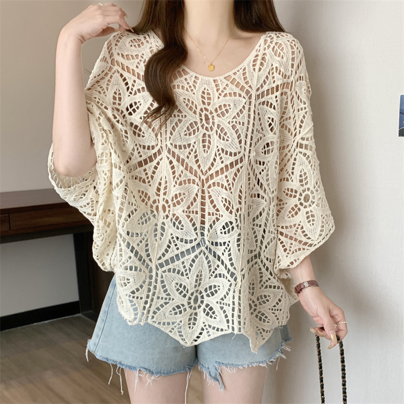 Haut en dentelle au crochet pour femme, transparent, ajouré, brodé de fleurs, en maille, ample, style bohème, pour l'été et les vacances à la plage