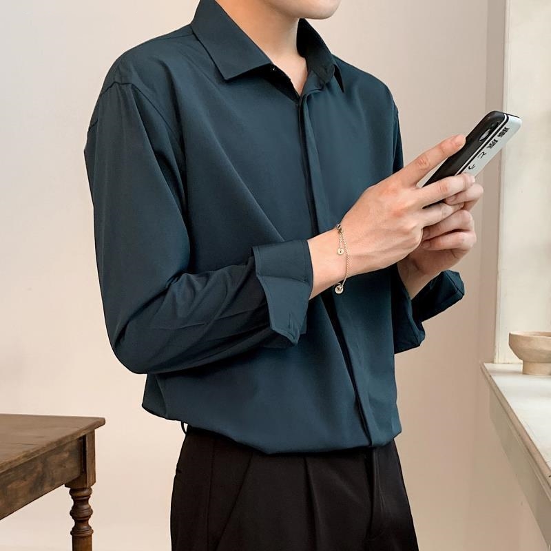 Chemises drapées coréennes pour hommes, revers de document solide, manches longues, glace, boutons décontractés, vêtements pour hommes, nouveau