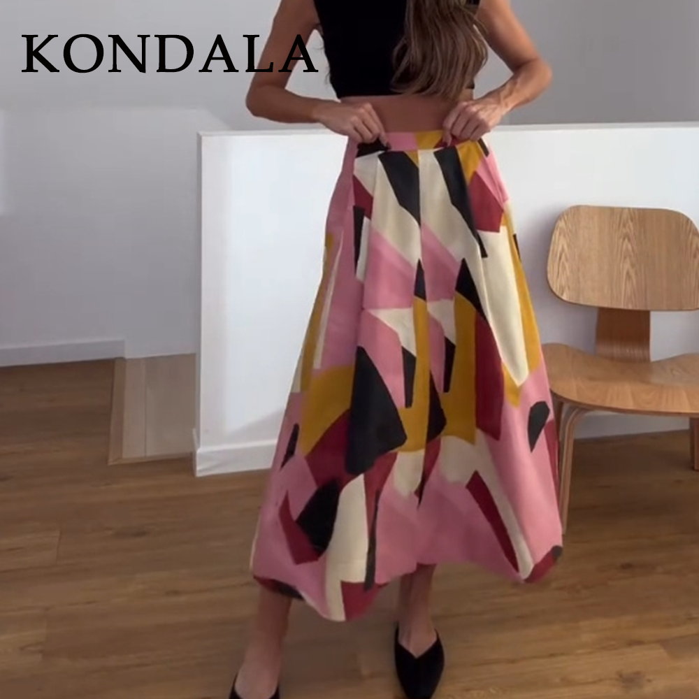 KONDALA 2026 Printemps-Été Jupes Décontractées Imprimées pour Femmes, Mode Élégante Ample avec Fermeture Éclair, Streetwear Chic, Jupes Longues pour Dames