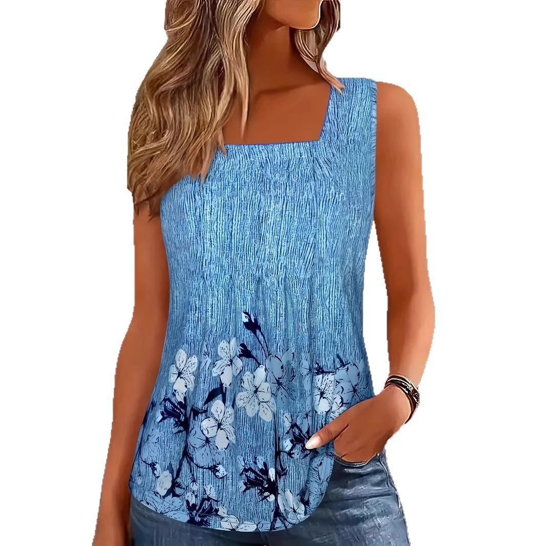 Grande taille femmes été t-shirts réservoir décontracté Sexy vacances impression chemises femmes plage sans manches gilet mode hauts plissés 5XL