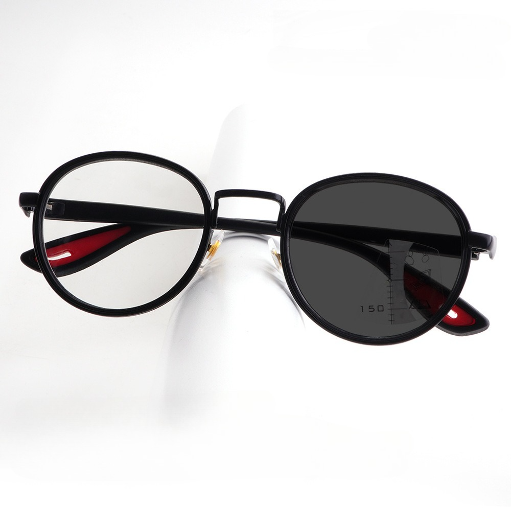 Lunettes de lecture progressives multifocales photochromiques anti-lumière bleue à monture ronde en métal, unisexe, double usage pour la vue de près et de loin