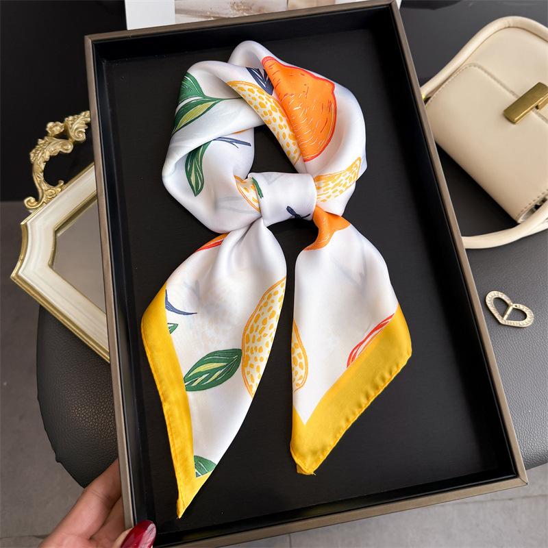 Foulard carré en soie imprimé citron pour femme, luxe, doux, en satin, fin, foulard de cou, mode, protection solaire, foulard de tête, ruban pour sac