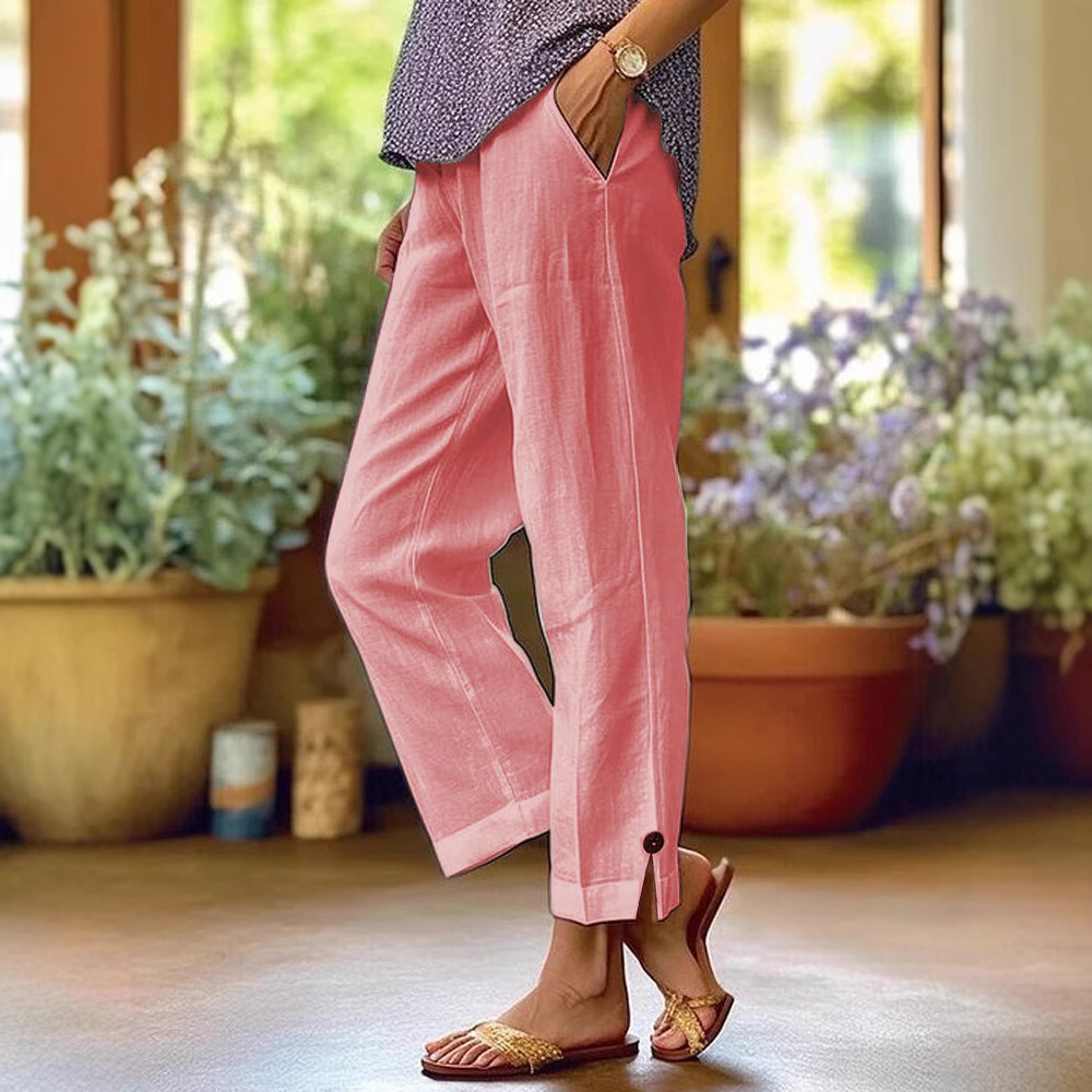 Pantalons décontractés pour femmes mélange de coton et de lin taille élastique poche mode Simple fente bouton basique polyvalent jambe droite pantalon