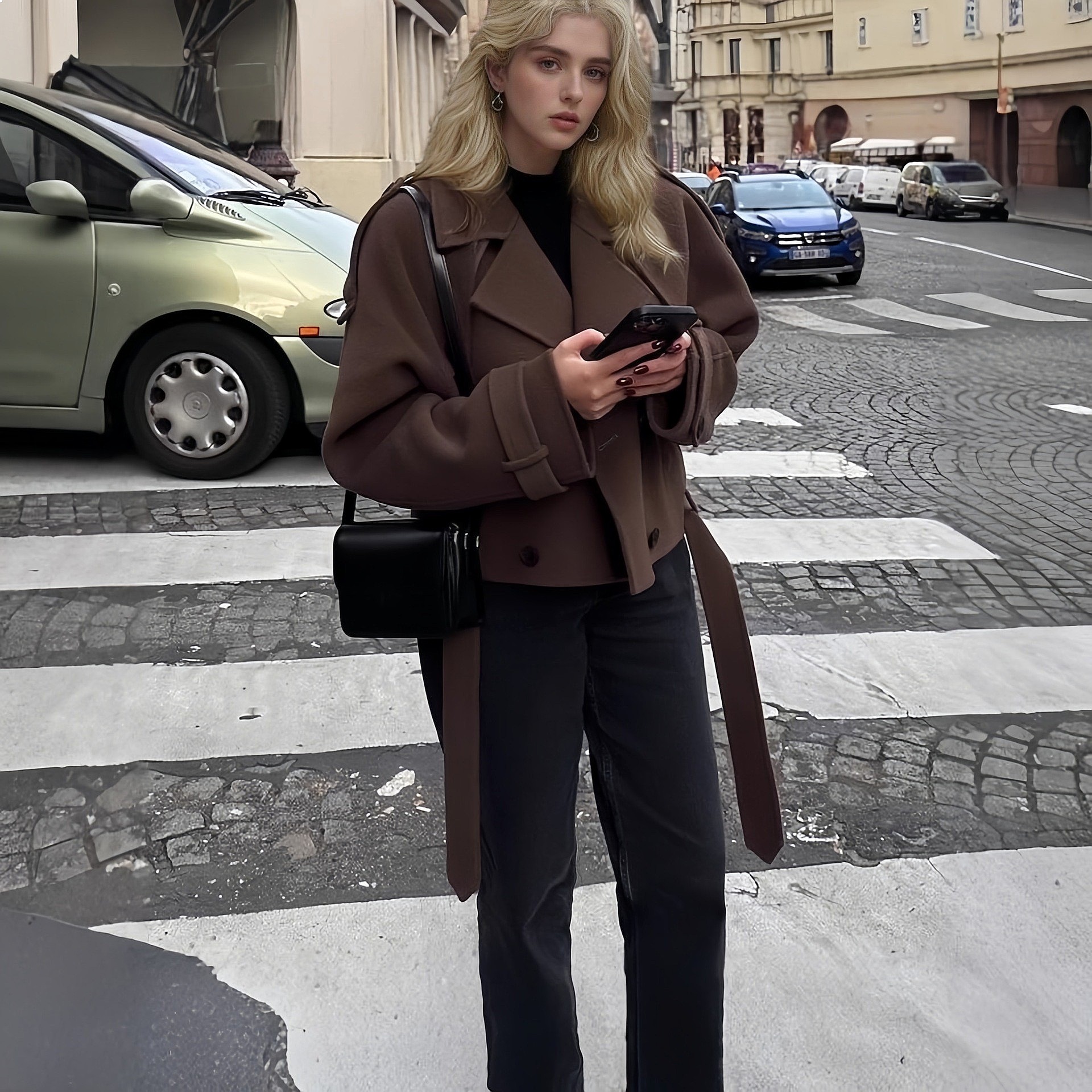 Manteau classique en laine avec revers crantés et ceinture, manteau court pour femmes, vêtements d'extérieur pour le printemps et l'automne, manteaux élégants