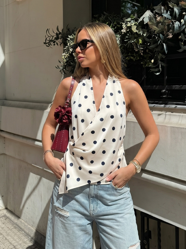 HH Hauts Halter Femme Tendance, en Satin Élégant, à Ourlet Asymétrique Drapé, Sans Manches, Style Gilet d'Été, Décontracté pour Soirée, à Pois