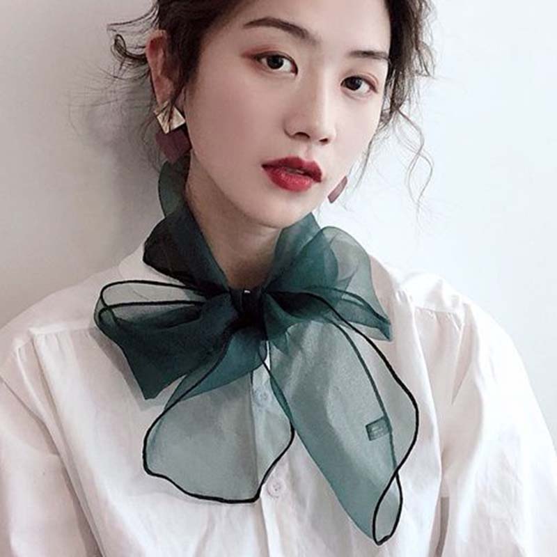 Foulard Long et étroit en soie avec nœud Transparent pour femme, en Organza coréen, pour la protection du cou, châle, protection solaire, P32