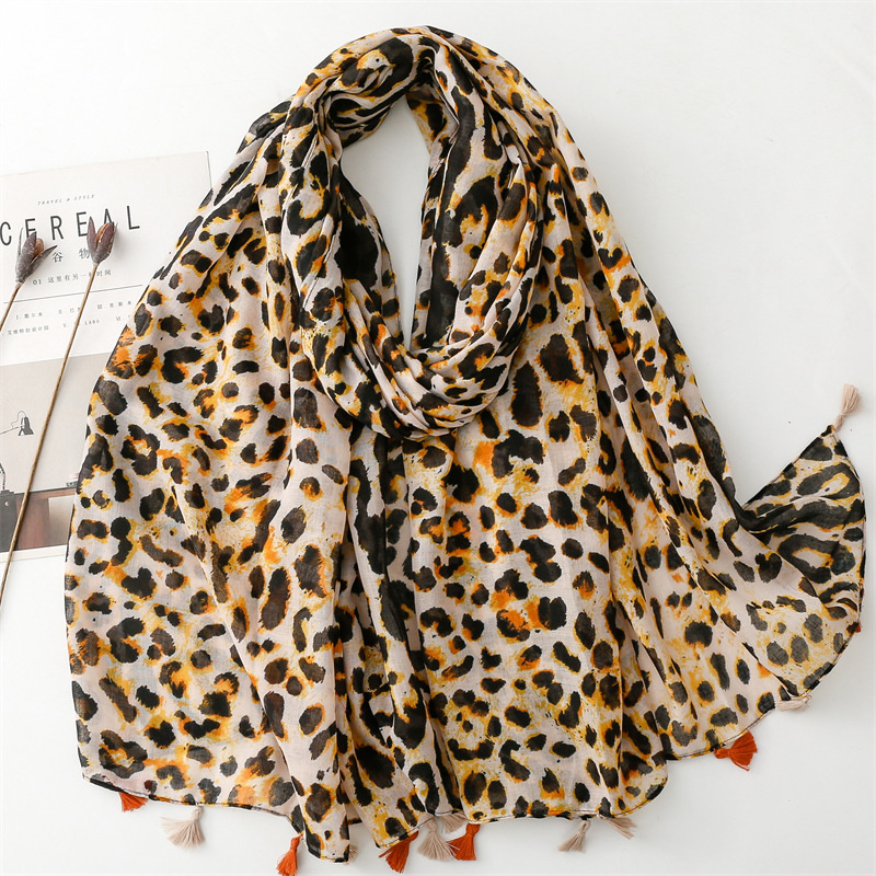 2025 automne femmes écharpe coton imprimé léopard châle gland été Protection solaire musulman Hijab Viscose Wrap foulard 90*180 cm