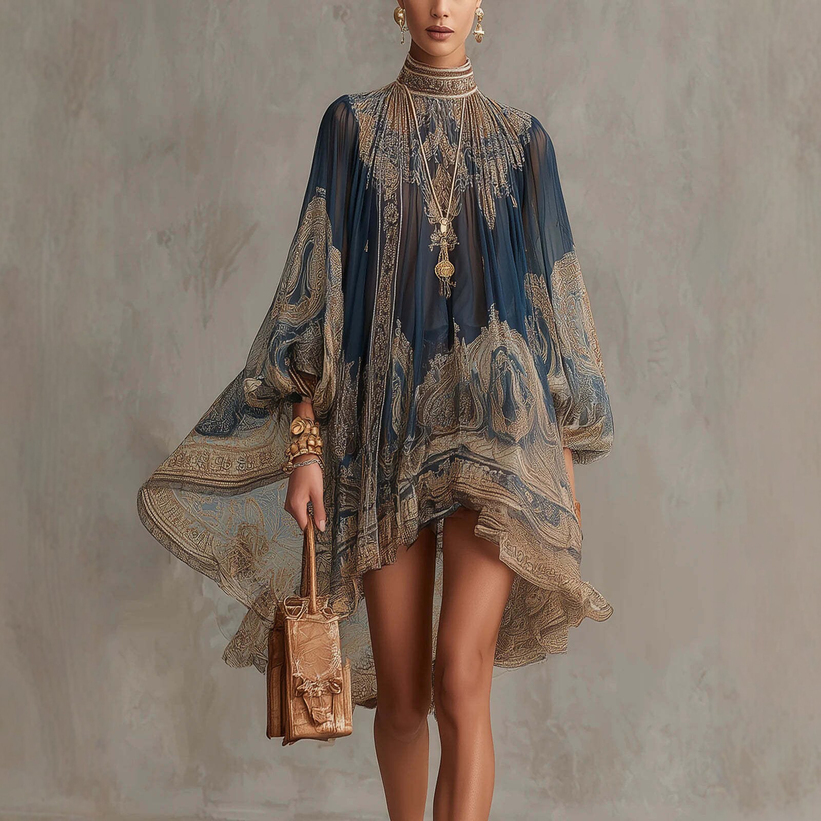 Robe longue en mousseline imprimée à col roulé, style décontracté, avec châle, manches longues, pour femme, collection 2026, tendance européenne et américaine