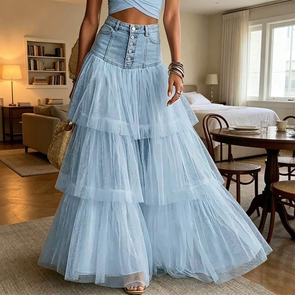 Jupe longue pour femme, taille haute, à volants moelleux, superposée, en tulle uni, style jupe à étages, pour mariage, fête, danse, ou comme sous-jupe de robe