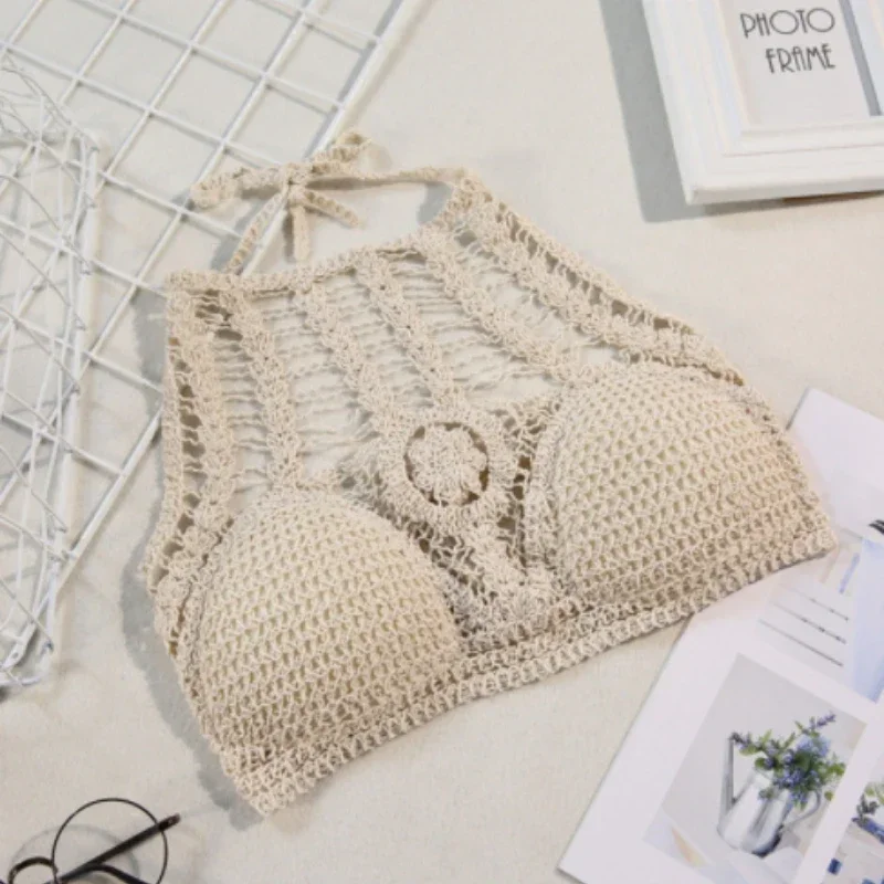 Soutien-gorge dos nu en tricot au crochet pour femme, caraco de plage, licou de vacances, glaHollow Tassel, haut précieux, haut court pour femme, mode