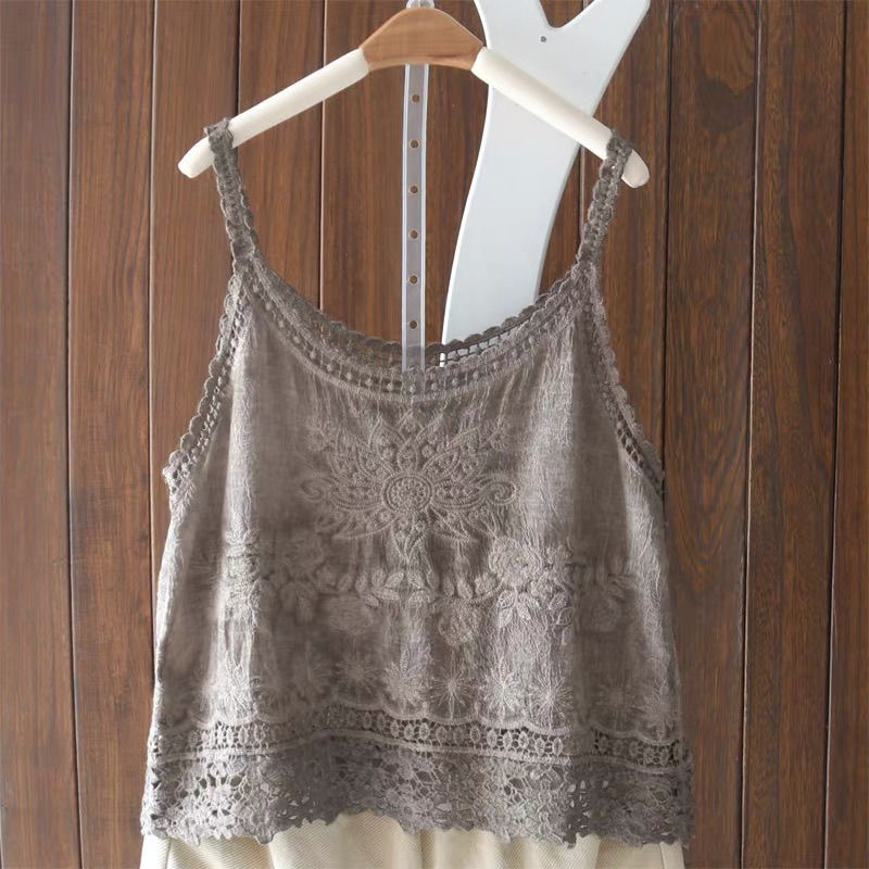 Débardeur Camisole en coton Crochet ajouré pour femmes, Style Boho, dentelle fine brodée, hauts sans manche, T-shirt gris vert, été