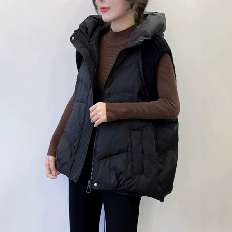 Nouvelle collection automne 2026 – Gilet sans manches en coton tricoté à capuche pour femme, style européen et américain, idéal pour l'export.
