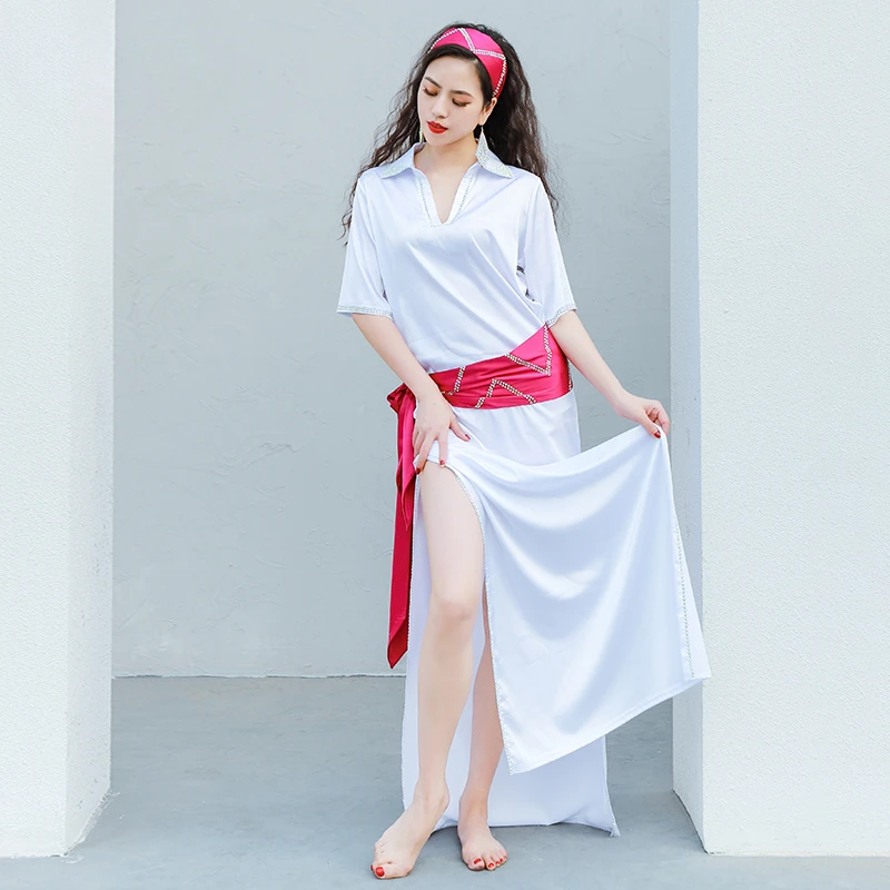 Robe de danse du ventre en satin à demi-manches pour adultes, vêtements d'entraînement en ylène, robes fendues trempées, vêtements de performance