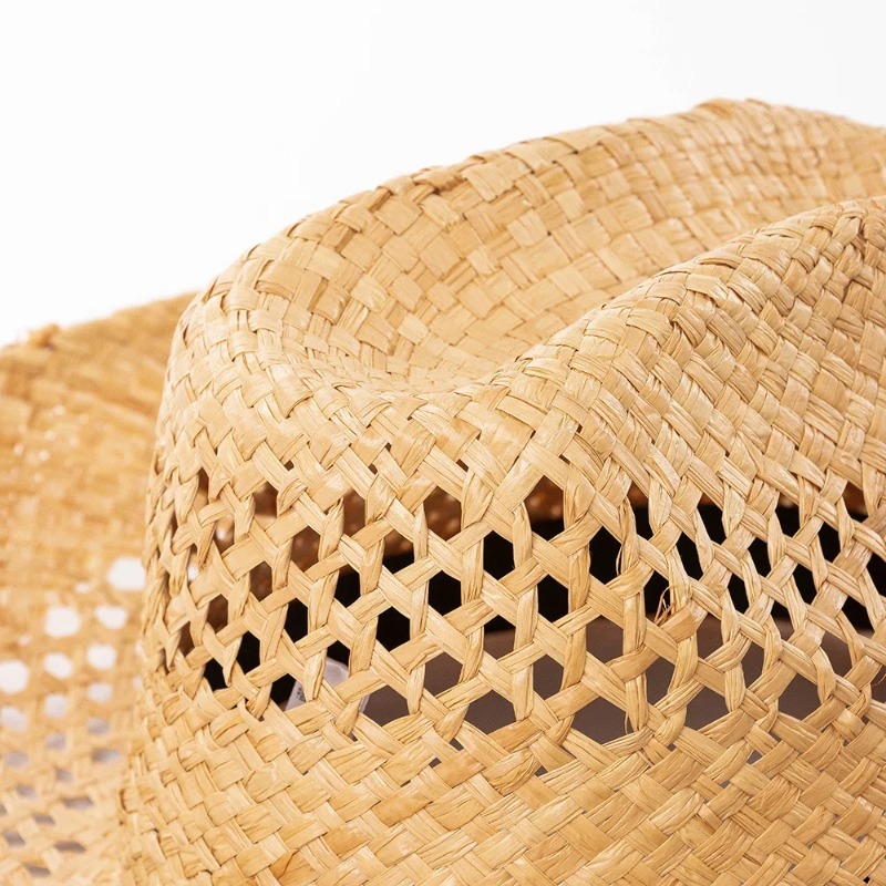 Chapeau en raphia tissé à la main pour femmes, chapeau d'été Simple de Cowboy occidental, chapeau de paille pour dames Ins California Girl, vacances en bord de mer, chapeau de soleil à bord bouclé