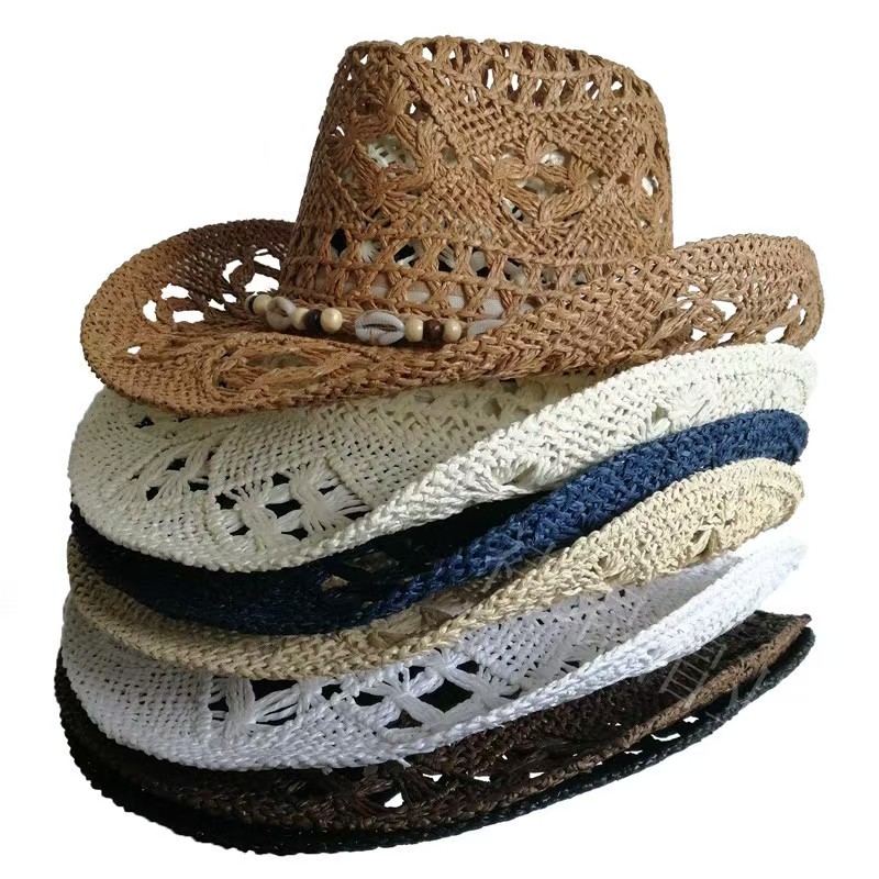Chapeau de paille bohème d'été pour femmes et hommes, chapeaux de Cowboy de plage, perles en bois ajourées, chapeau de soleil occidental à large bord, casquette de vacances