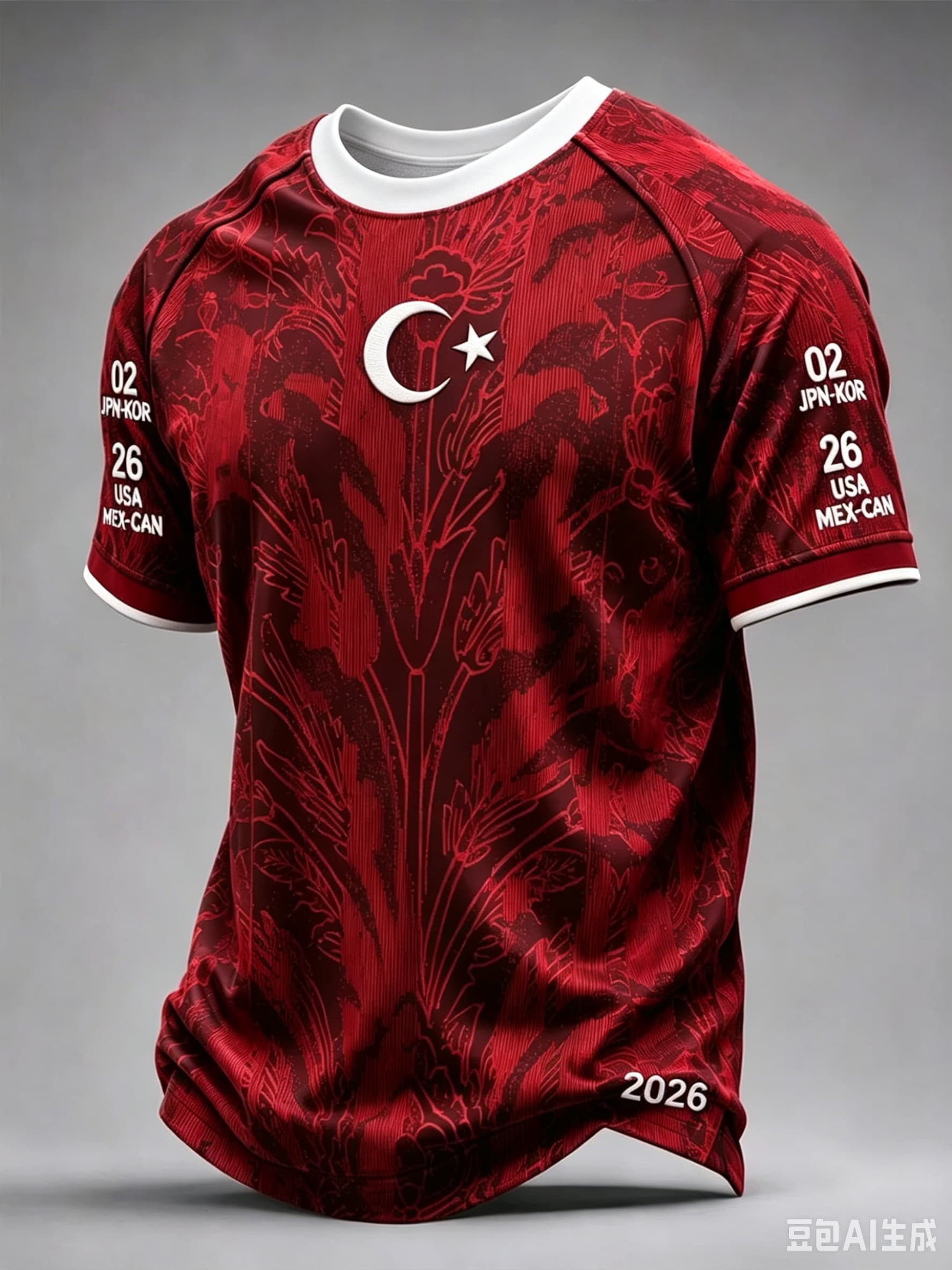 Maillot de football Turquie 2026 Rouge à imprimé floral Paisley, motif croissant et étoile TÜRKIYE, T-shirt à manches courtes pour supporters turcs