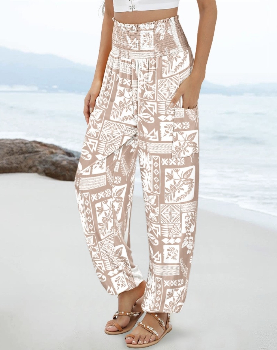 Pantalon Harem Bohème Taille Haute pour Femme avec Imprimé Floral et Géométrique, Poches Latérales et Chevilles Élastiquées – Idéal pour les Vacances à la Plage