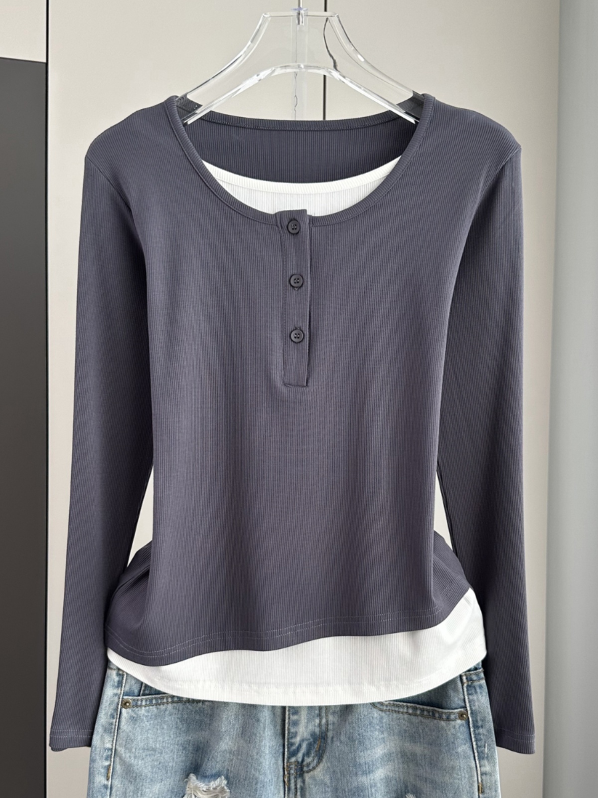 T-shirt à manches longues de style coréen pour femmes, faux deux pièces, sous-vêtements minces, tout assressenti, mode printemps