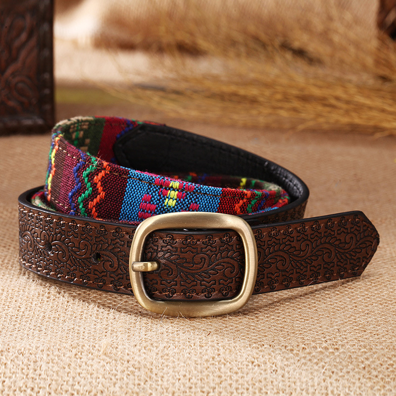 Ceinture florale sculptée de Style ethnique pour femmes, broderie colorée en cuir PU, accessoires Vintage, ceinture de marque de styliste