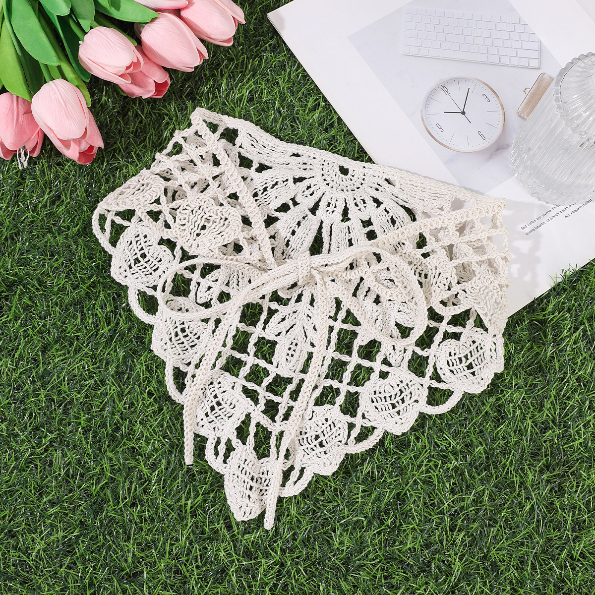 AWAYTR Foulard triangulaire français à fleurs pour femme, mode printemps, élégant, tricoté, bandeau, accessoires pour cheveux