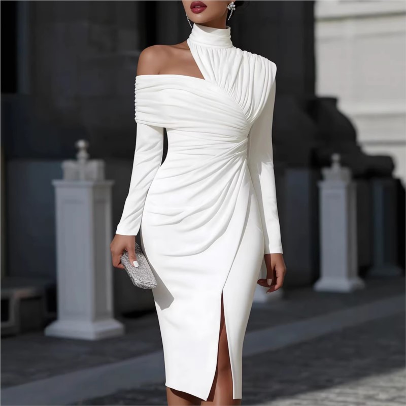 Robe Midi Élégante pour Femme, Couleur Unie, Taille Haute, Design Sexy Épaules Dénudées, Idéale pour Soirées et Bals de Promo