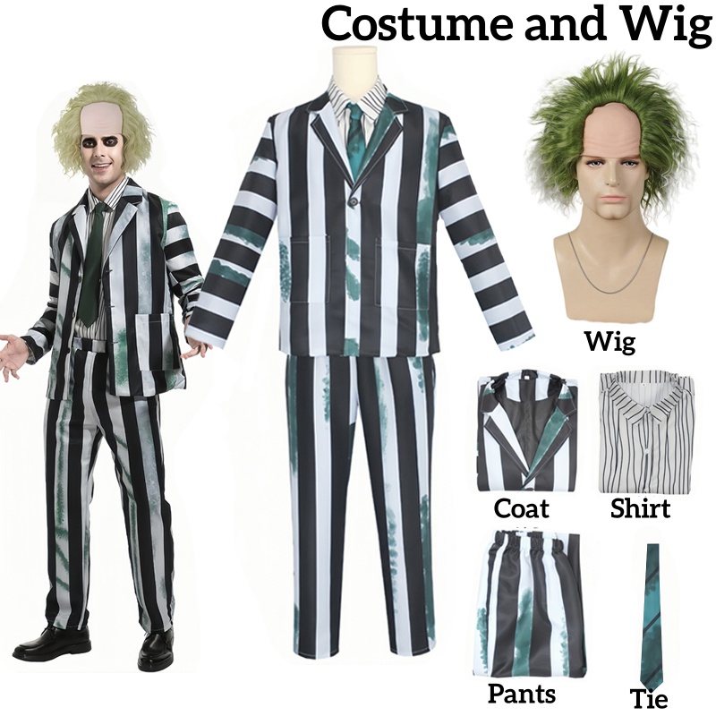 Costume à rayures noires et blanches pour hommes adultes, imbibé de perruque, Halloween Cosplay, tenue de fête, film d'horreur Rick