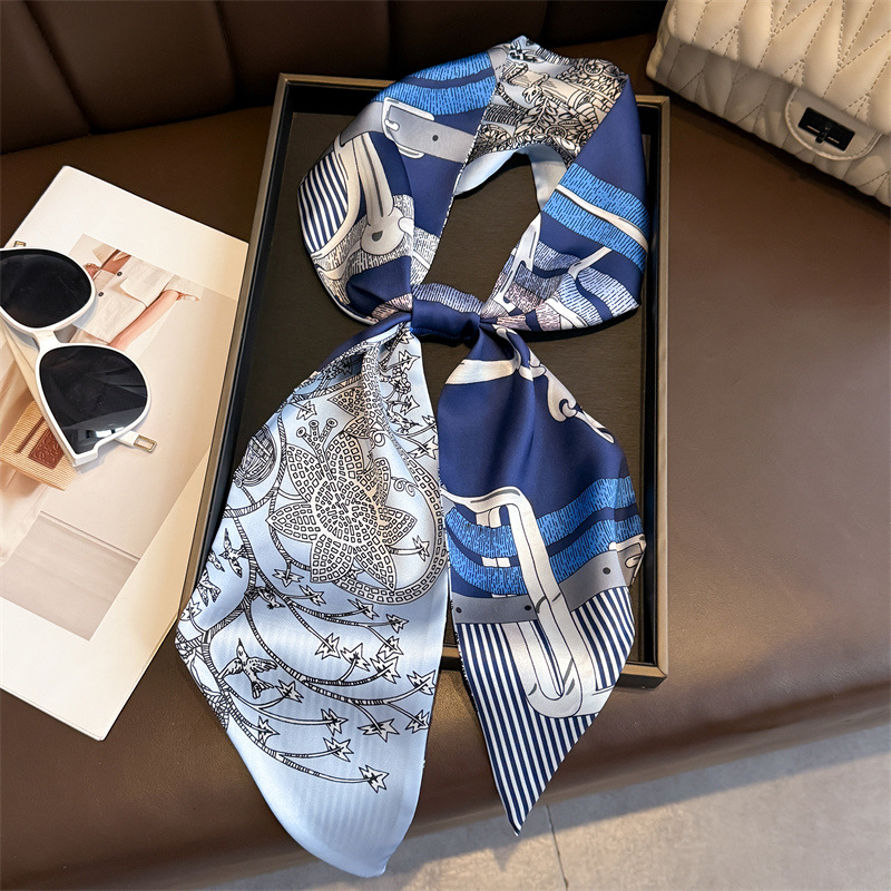Écharpe en soie imprimée double face pour femme, ruban fin, foulard long tendance, ruban de sac à main fin pour femme, jolies écharpes de cou