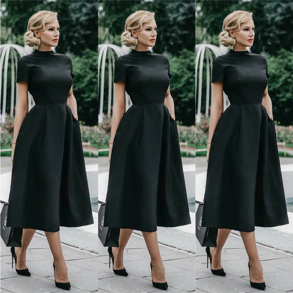 Robe mi-longue noire élégante pour femme, col mi-haut, taille haute, robes trapèze, coupe couvertes, femme de bureau, monochromatique, robe éducative