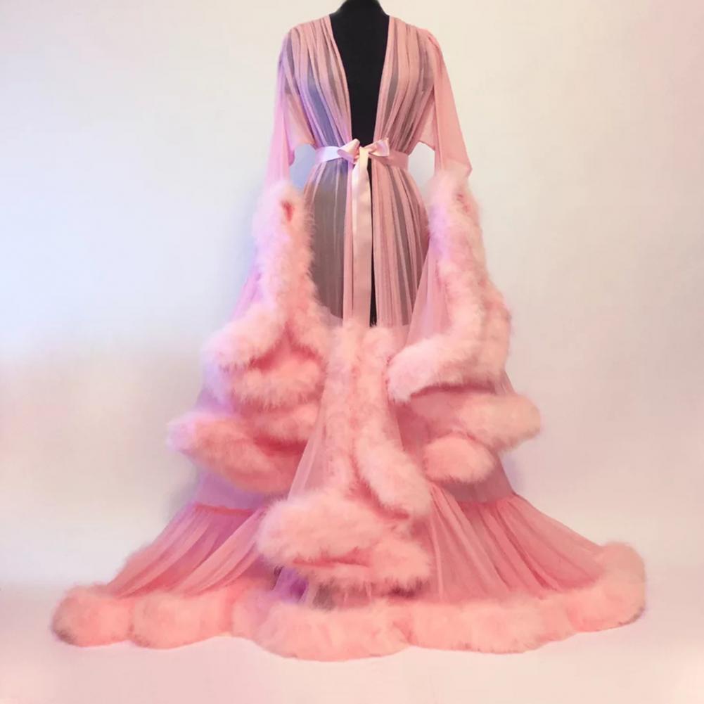Robe Kimono d'été pour femme en tulle transparent, col en V, manches longues, longueur ras du sol, robe de nuit, peignoir de nuit pour lune de miel, robe de chambre