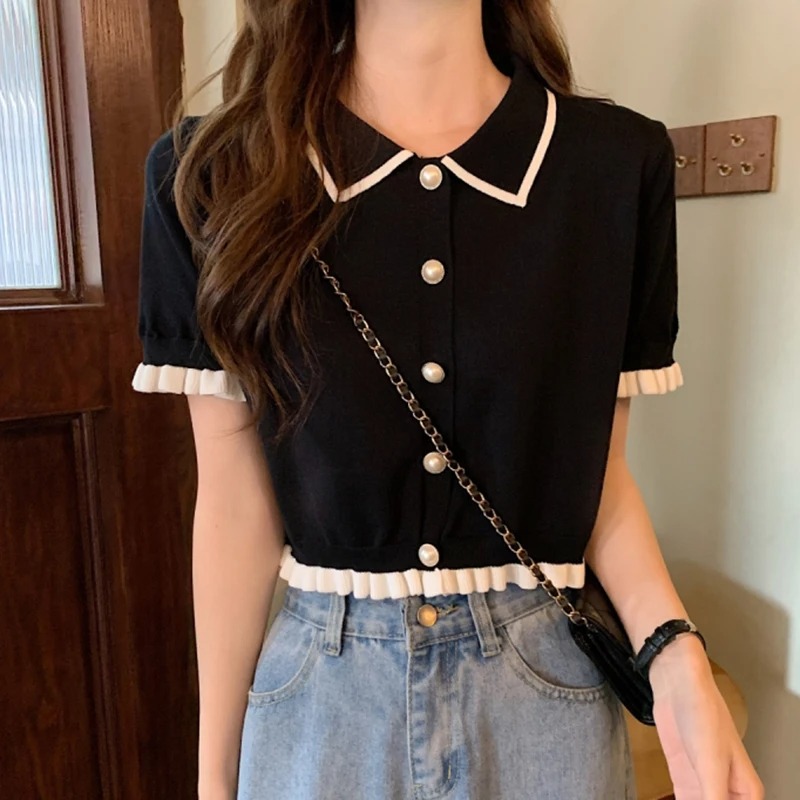 Chemisier Femme Tricoté à Manches Courtes avec Col Boutonné et Volants, Boutons Perle, Style Chic Français, Haut Court d'Été