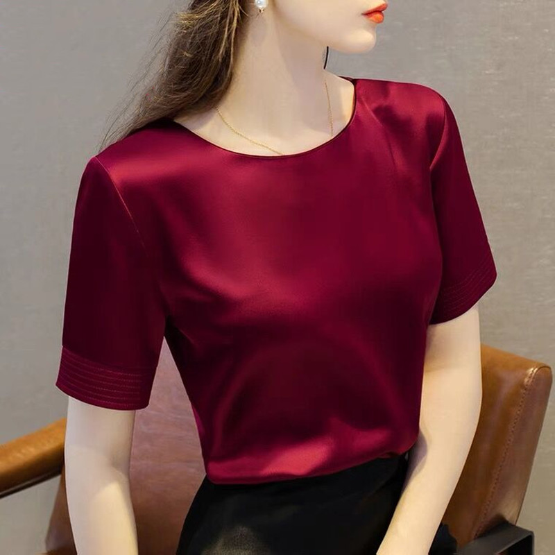T-shirts en satin d'acétate pour femmes, chemisiers en satin de soie élégants et décontractés de haute qualité, hauts coréens d'été 2026, vêtements féminins