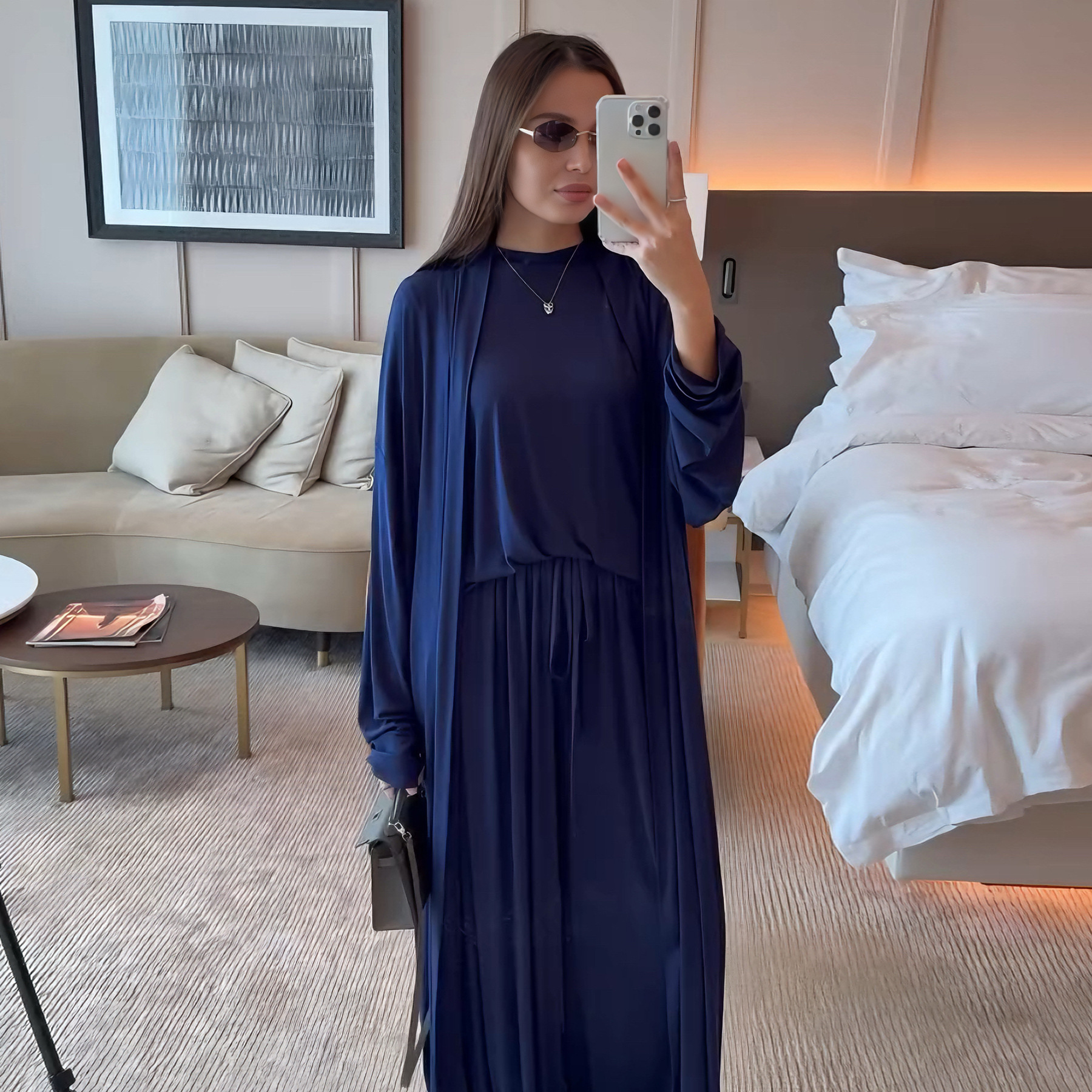 Musulman 3 pièces Ensemble femmes Cardigan chemise jambe large pantalon chemisier haut costume Musulman Ensemble dubaï décontracté Femme tenues solide décontracté