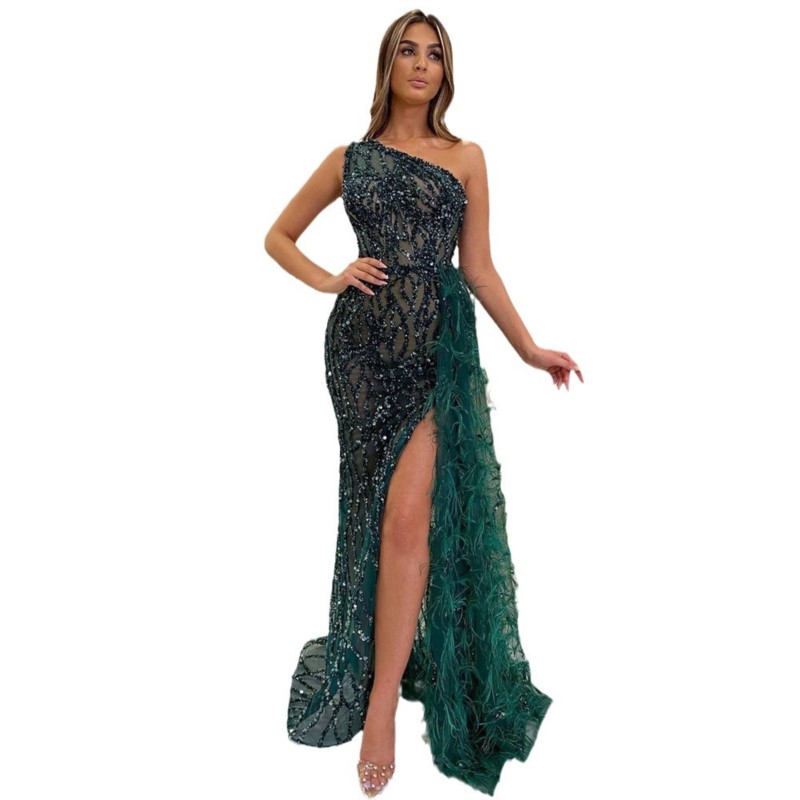 Robe de soirée à paillettes pour femmes, décor de plumes rembourrées, robe maxi fendue haute, solide, document une initiée, taille serrée