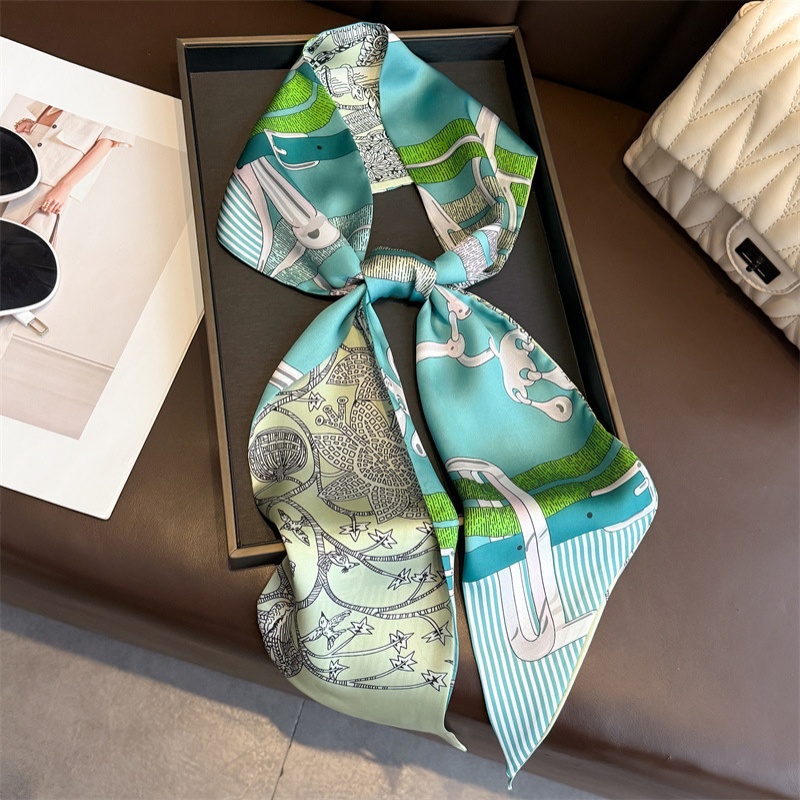 Écharpe en soie imprimée double face pour femme, ruban fin, foulard long tendance, ruban de sac à main fin pour femme, jolies écharpes de cou