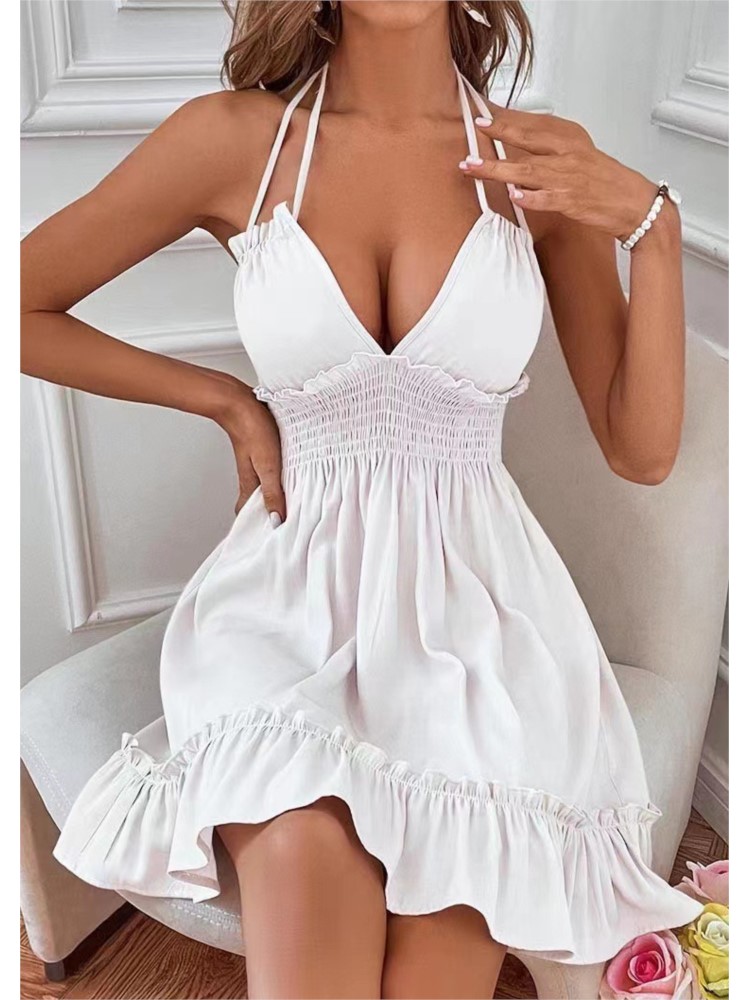Femmes été licou col en V profond robe d'été Sexy dos nu à volants smocké robe courte taille dos ouvert robe Mini robe patineuse 2024