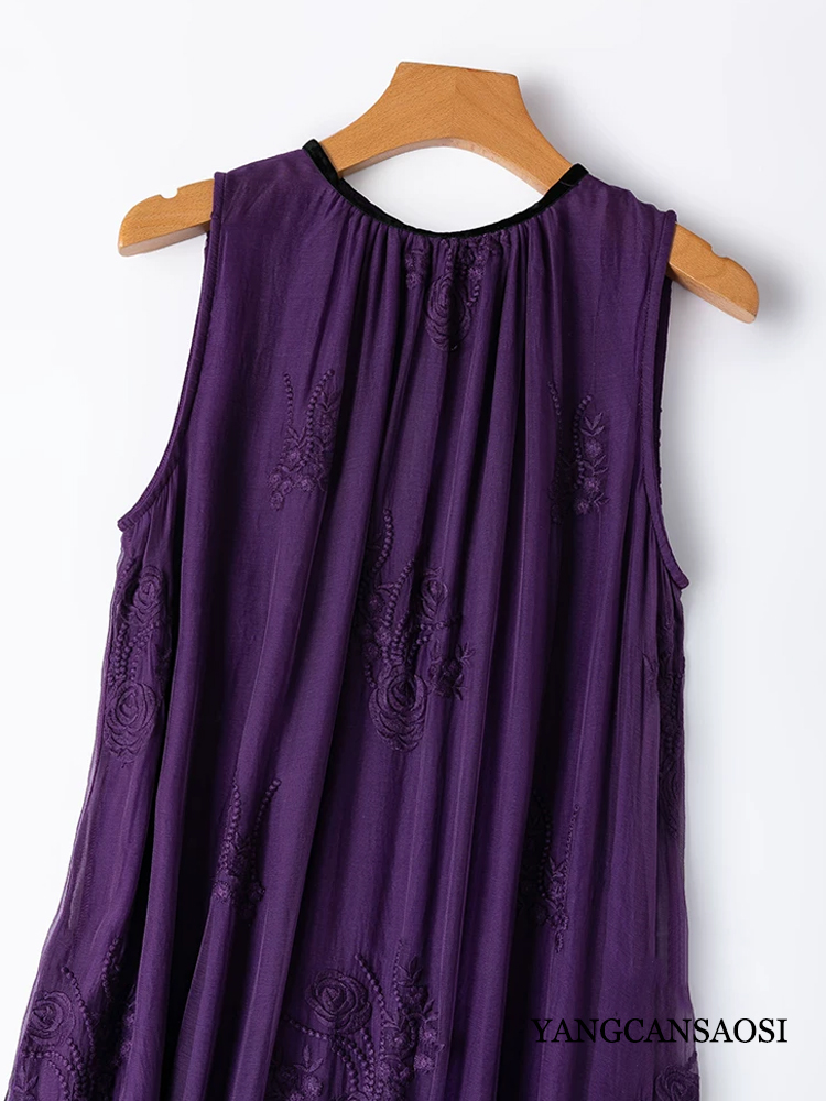 Robe de soirée décontractée pour femme, nouvelle collection été, élégante, en soie de mûrier naturelle, broderie riche, col rond, longue, violette