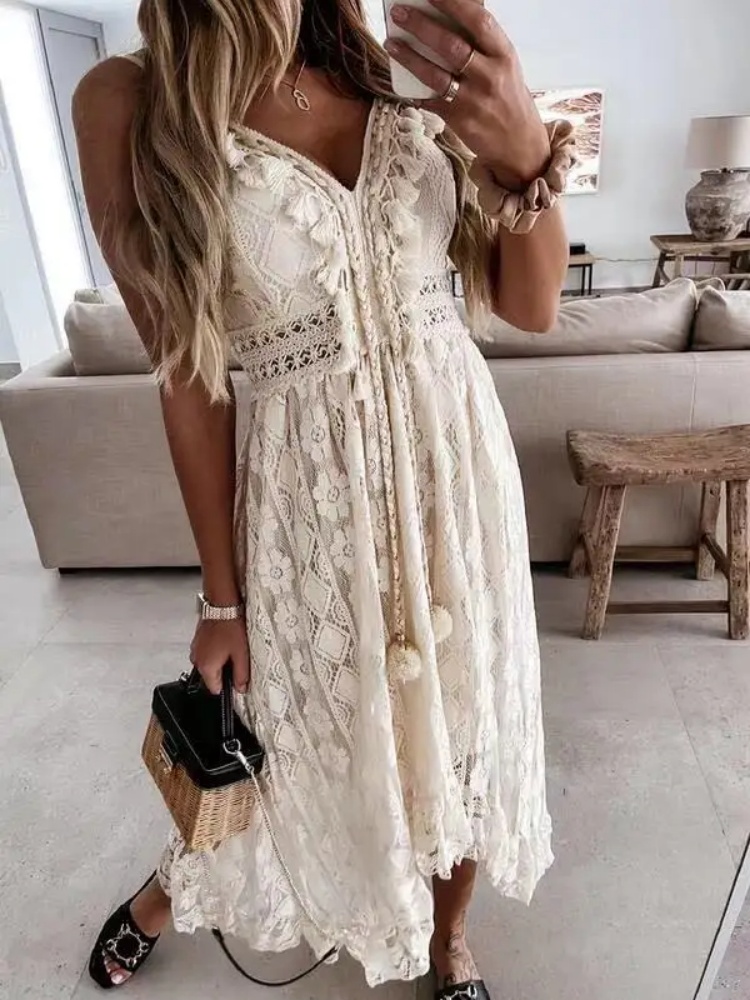 Robe longue en dentelle sans manches pour femmes, mode d'été, Sexy, plage, vacances, col en V, ajourée, robes amples élégantes
